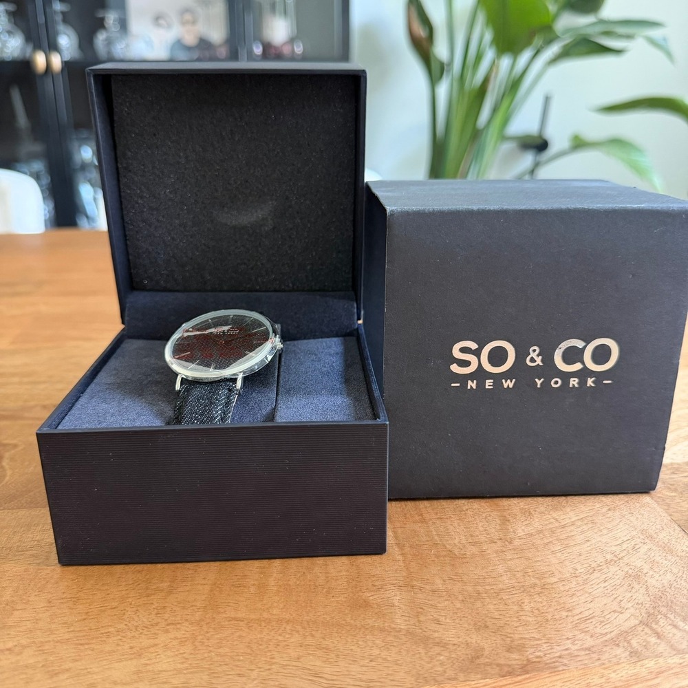 SO & CO New York Mens Denim Strap Watch Grey Textured Dial New in Box